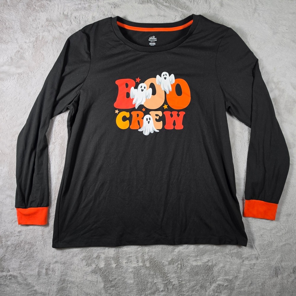 Way To Celebrate Halloween Top Womens Medium Black Boo Crew Ghost Long Sleeve